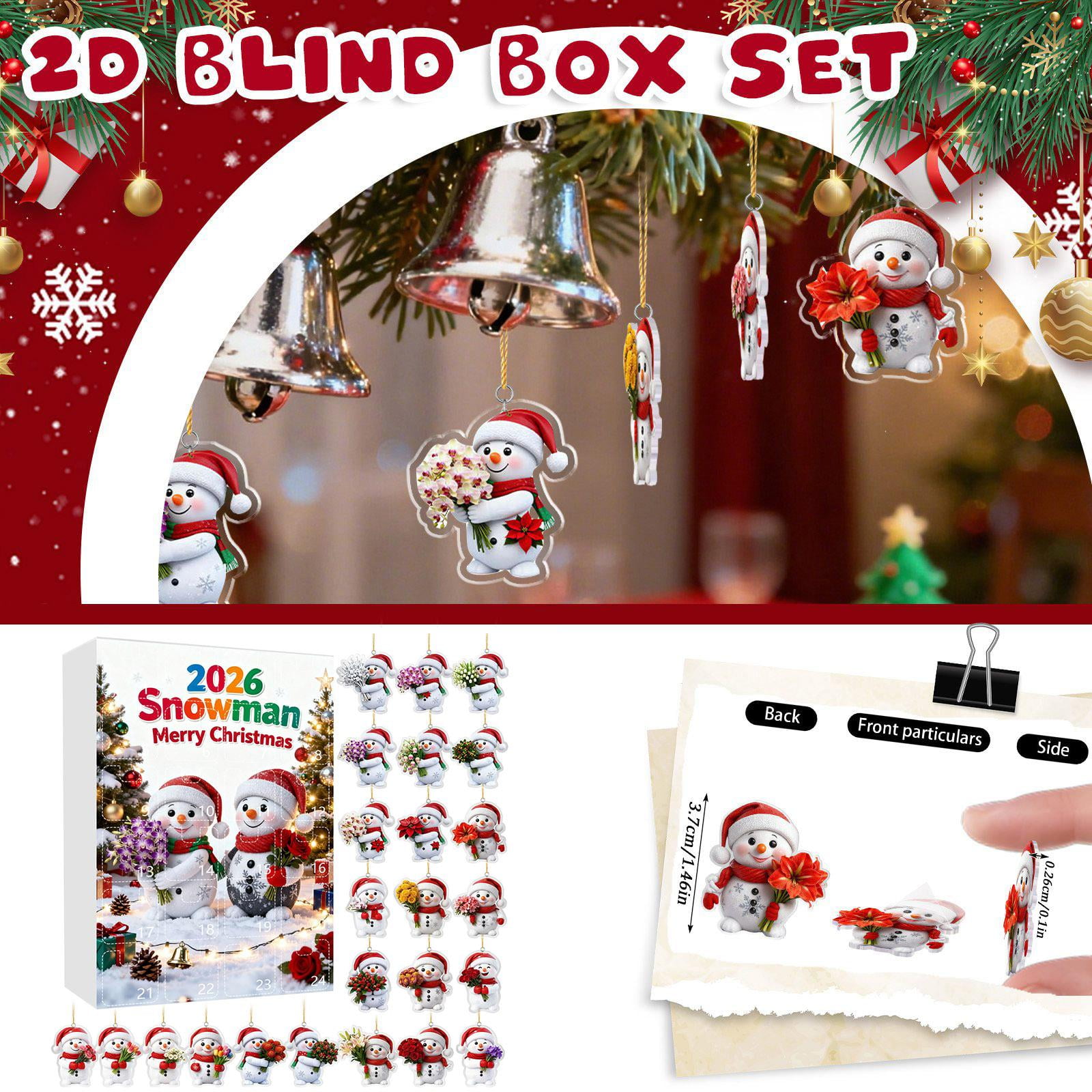 Christmas Tree Ornaments Set Featuring 24 Snowman Acrylic Pendants with Floral Bouquets and Gold Hanging Loops Festive Christmas Decorations for Home and Holiday Countdown