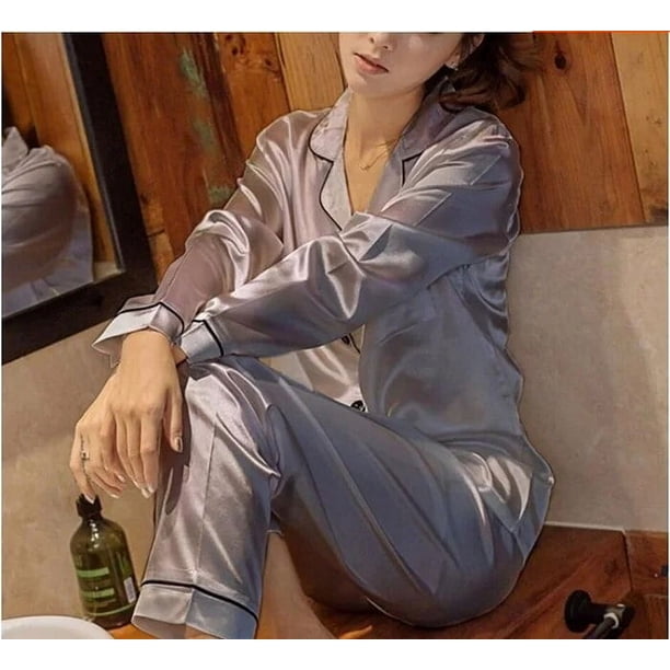 Pijama de satén de seda de manga larga para mujer, conjunto de ropa para dormir de dos piezas, para estar en cama, de talla grande y en variedad de colores disponibles