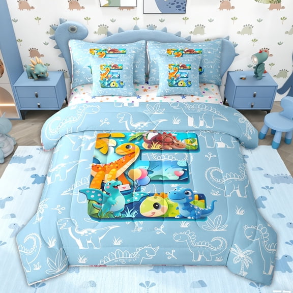 Feelyou Blue Initial E Letter Bedding Comforter Set, Kawaii Dinosaur Full Bedding Set, Teen Boy Girl Kid Colorful Stars Reversible, 7pcs