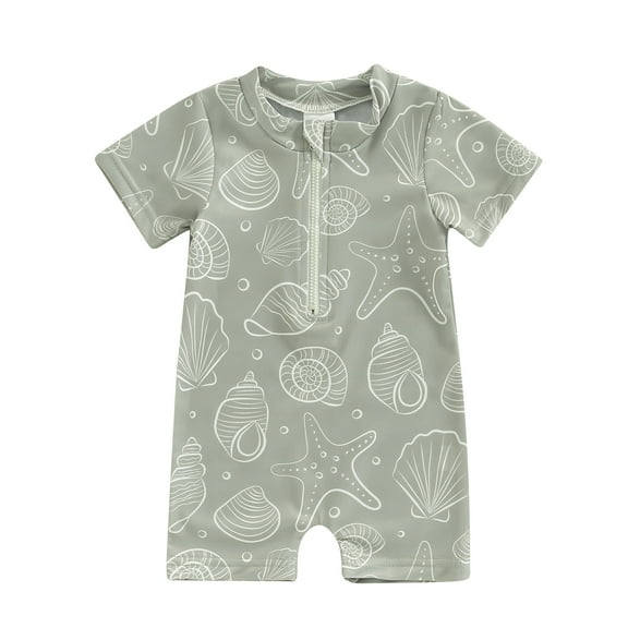 Aojekbee Kids Boys Summer Swimwear Casual Cute Sea Element Prints Zipper Short Sleeve Monokini Swimsuit Beachwear Bathing Suit