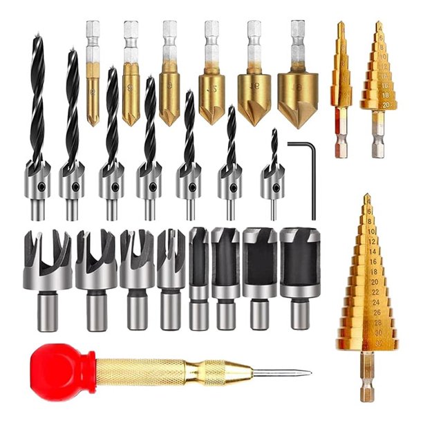 Juego de 26 herramientas para trabajar la madera: juego de brocas para chaflanar, cortador de roscas para madera, brocas avellanadoras de triple punta.