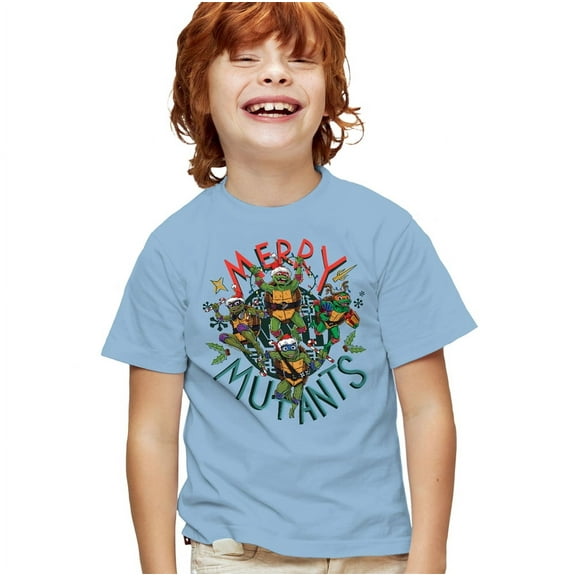 TMNT: Mutant Mayhem Merry Mutants Christmas Kids T Shirt for Youth Boys and Girls, Light Blue, X-Large