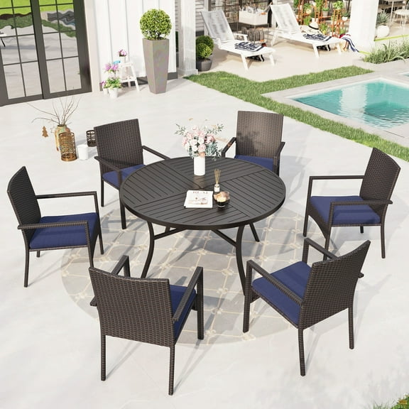 Sophia & William 7 Pieces Outdoor Patio Dining Set Large Round Metal Table & Wicker Rattan Chairs Set for 6