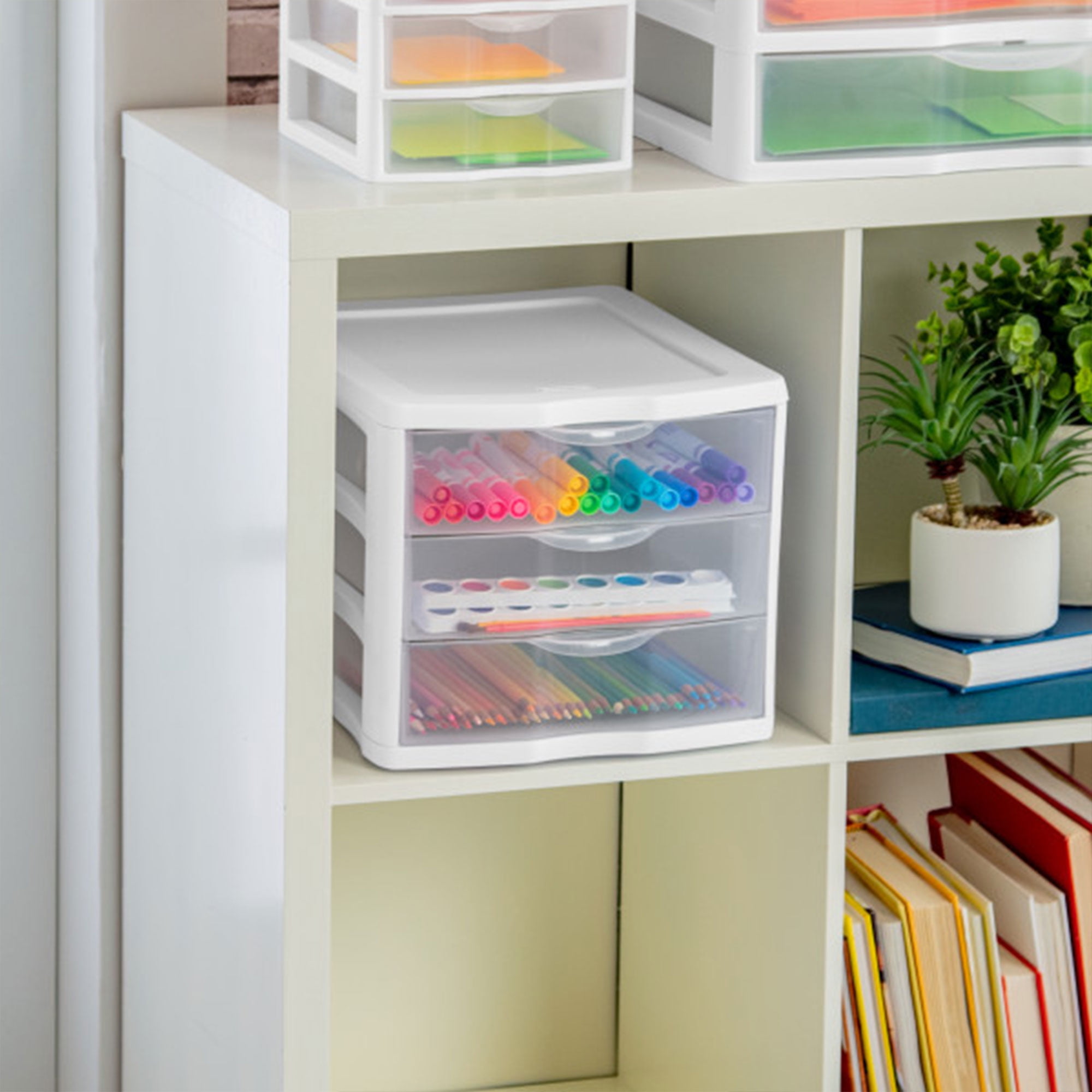 Sterilite 3 Drawer Unit, Stackable Plastic Organizer System with Storage Drawers, 4 Pack