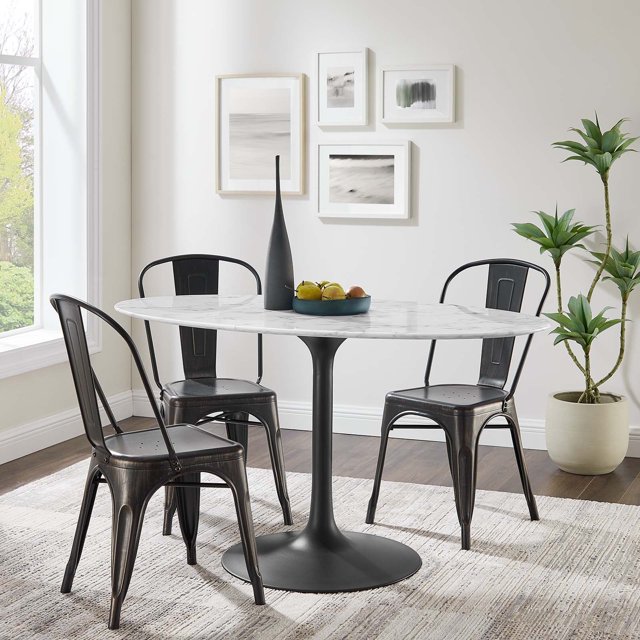 Modway Lippa 54" Oval Artificial Marble Dining Table in Black White