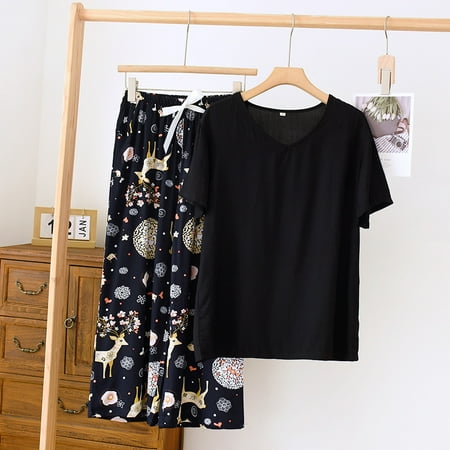 

Breathable 2PCS Pajama Short Sleeve Printed Pijama Mujer Femme Loose Nightwear Suit Female Casual Homewear Pajama Set For Women