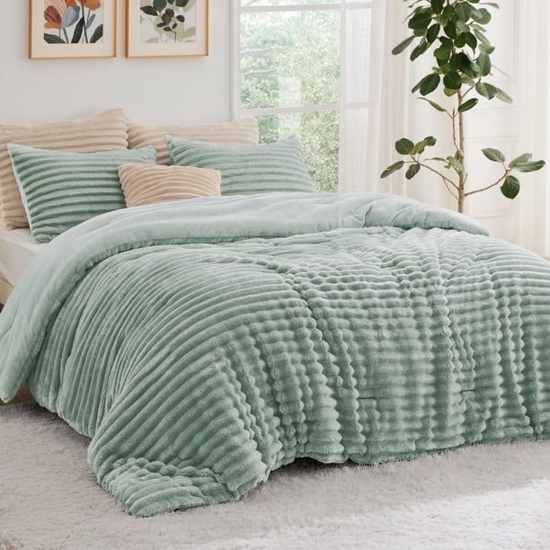 Juego de edredón Bedsure Fluffy King Size, color verde salvia, 3 piezas