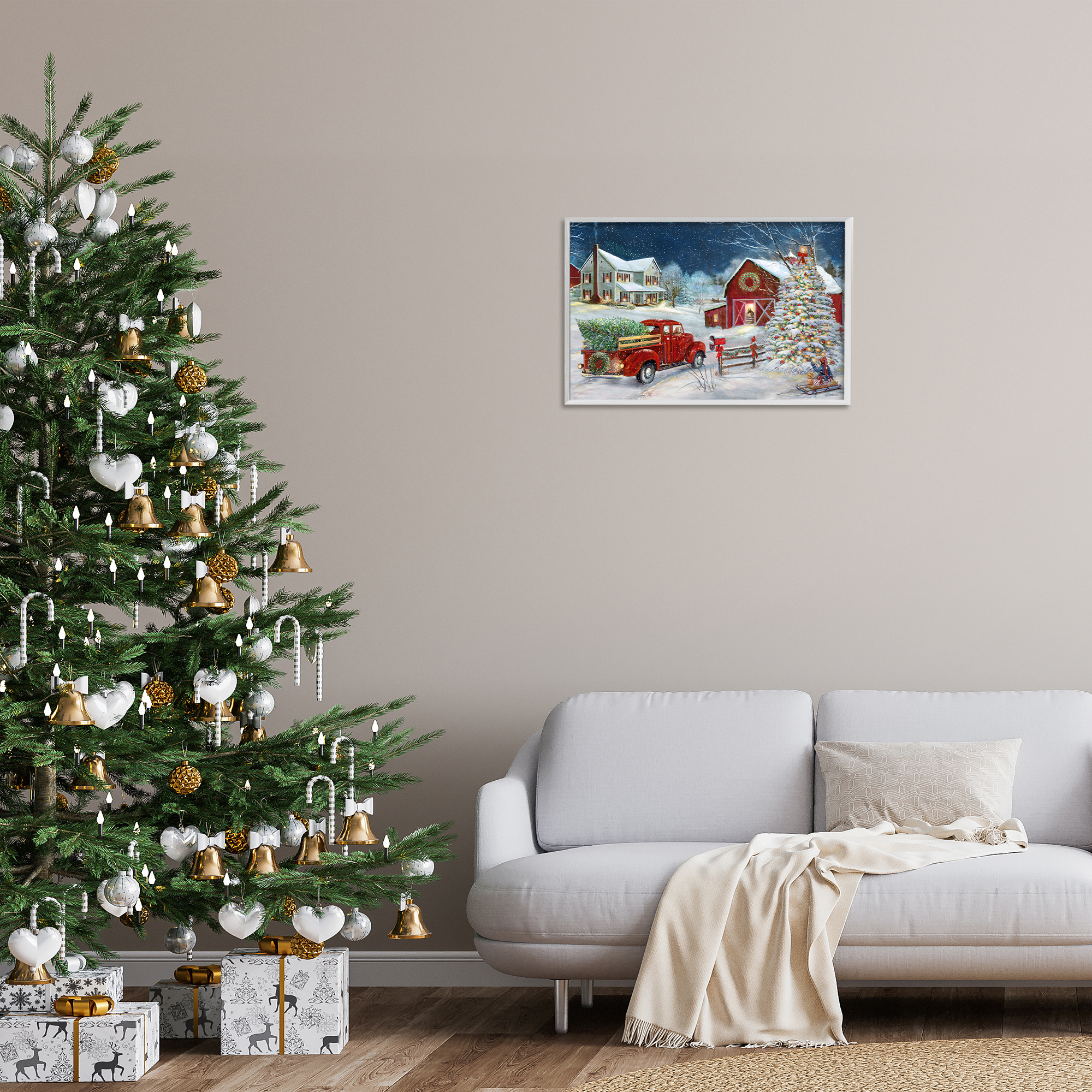 Stupell Industries Snowy Winter Farmhouse Holiday Painting White Framed Art Prints Wall Art, 24 x 16