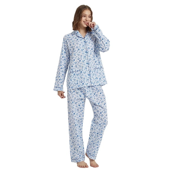 Apparonia Women's Pajamas Set, Comfywear Sleepwear for Women Set, Cotton Loungewear, Long Sleeve Top & Pants Set Blue Flower L