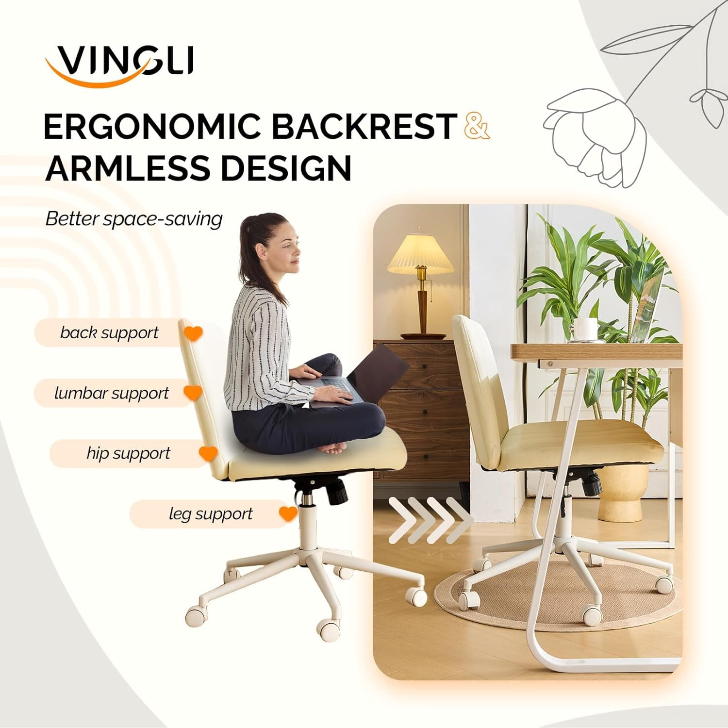 JOYMOR Modern Vanity Chair Dual-Use with/no Wheels, Armless Criss Cross Legged Chair, Swivel Wide Comfy Office Desk Chair, Computer Chair