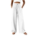 thumbnail image 2 of Cutuoiiu Pants for Women Solid Color Loose Wide Leg Casual Pants Smocked High Waist with Drawstring Side Pocket Lightweight Spring Fall Summer Beach Daily Wear, 2 of 7