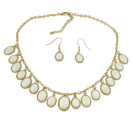 - Elegant Oval Statement Necklace Earrings Set Pearl White