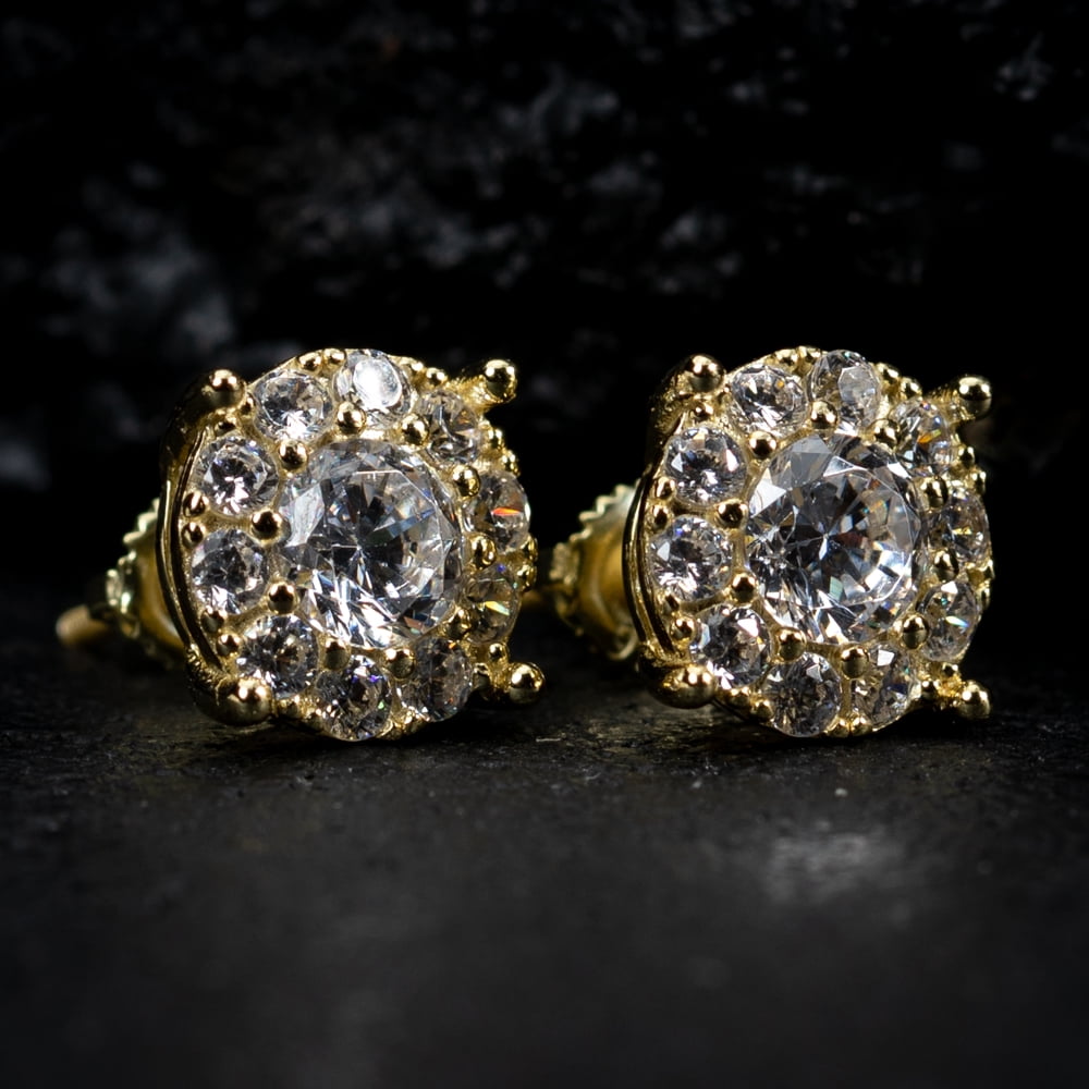 Yellow Gold Plated 925 Sterling Silver Screw Back Post Large Unisex Round Hip hop CZ Flower Cluster Big Circle Shape Stud Earrings