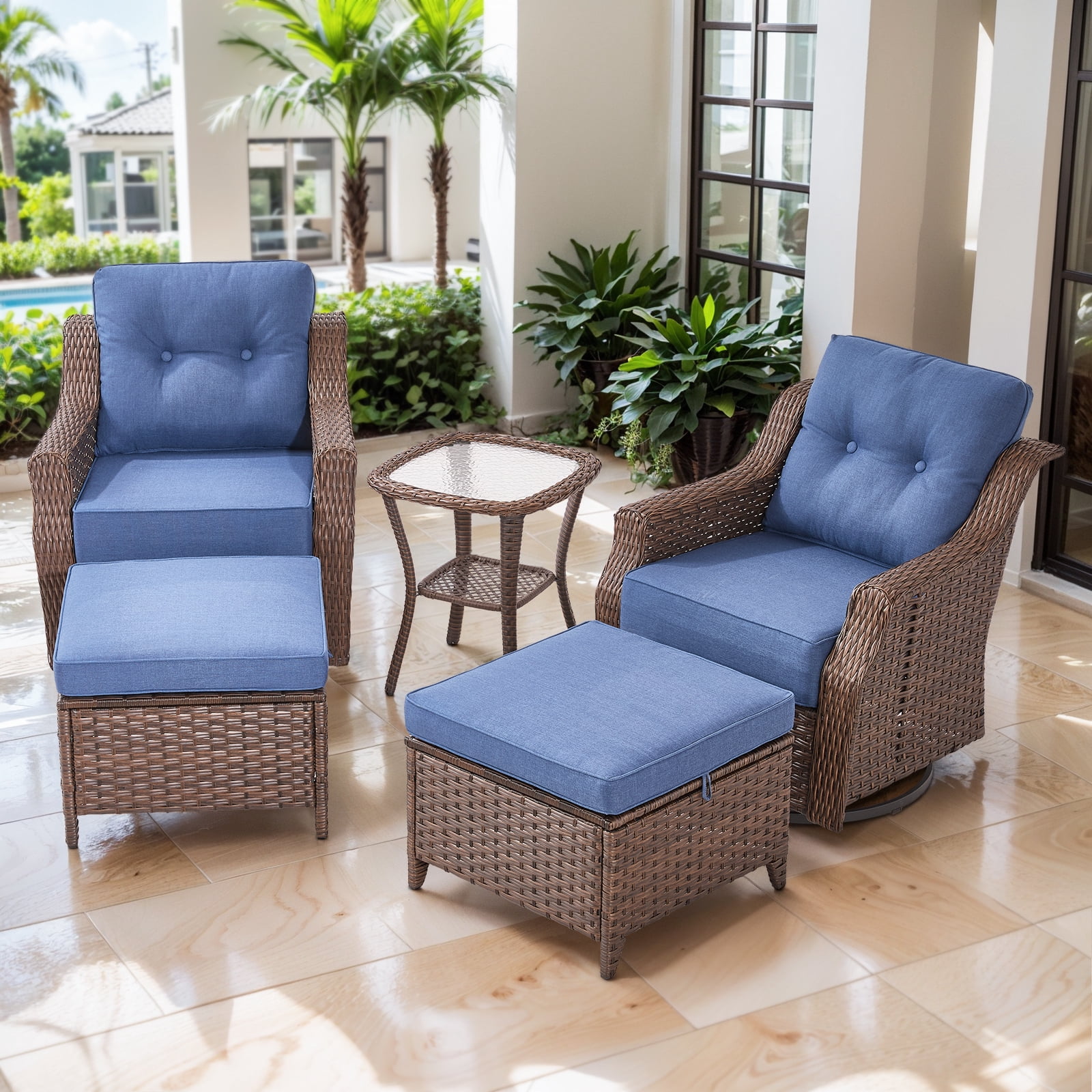 OPOHORO 5 Pieces Patio Furniture Set with 6-Inch Thick Cushions, Outdoor Swivel Patio Chairs Set of 2 with Ottoman and Side Table, Wicker Bistro Set for Porch Deck - Blue
