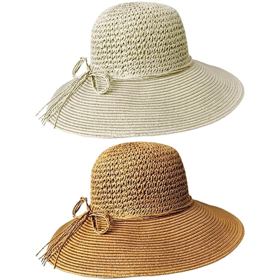 2 Pack Women's Foldable Wide Brim Straw Sun Hat, Packable Fisherman Beach Hat with UPF Summer Sun Protection, Beige & Khaki, for Travel, Vacation & Outdoor