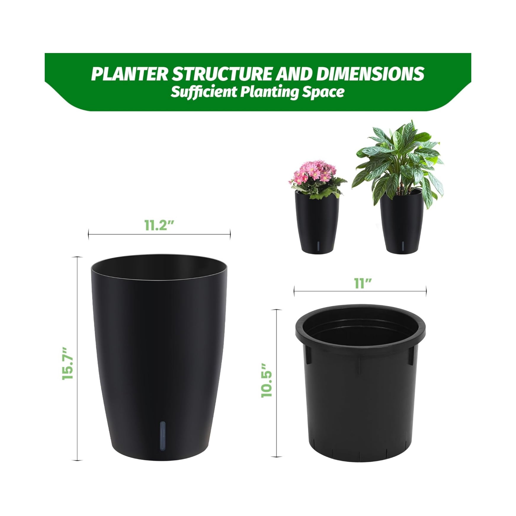 16/22" Tall Round Planter Set of 2, Self Watering Pots for Indoor Plants, Large Flower Pot Outdoor with Built-in Drainage and a Water Level Monitor, for Patio, Porch, Living Room, or Home Office