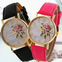 Sanwood Women Arabic Number Rose Flower Round Dial Faux Leather Band Quartz Wrist Watch
