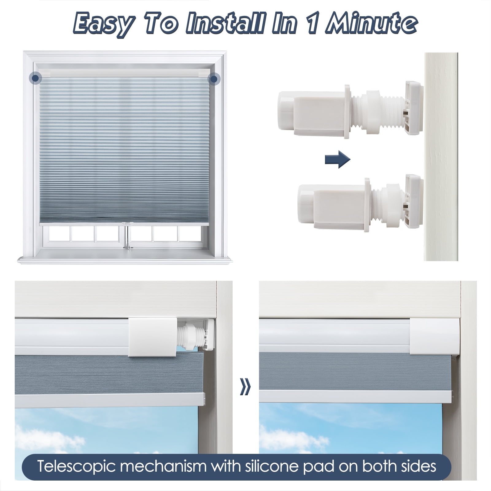 Keego Cellular No Drilling Blind for Window Honeycomb Cordless Window Blinds Easy Installation Heat Insulating Noise Reducing Window Shades Semi-Blackout Steel Blue, 27.0"w x 48"h