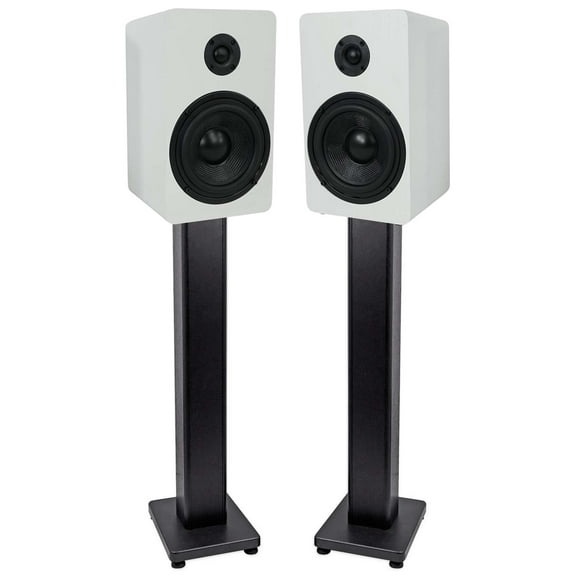 Pair Rockville RockShelf 54W White 5.25" Home Bookshelf Speakers   28" Stands