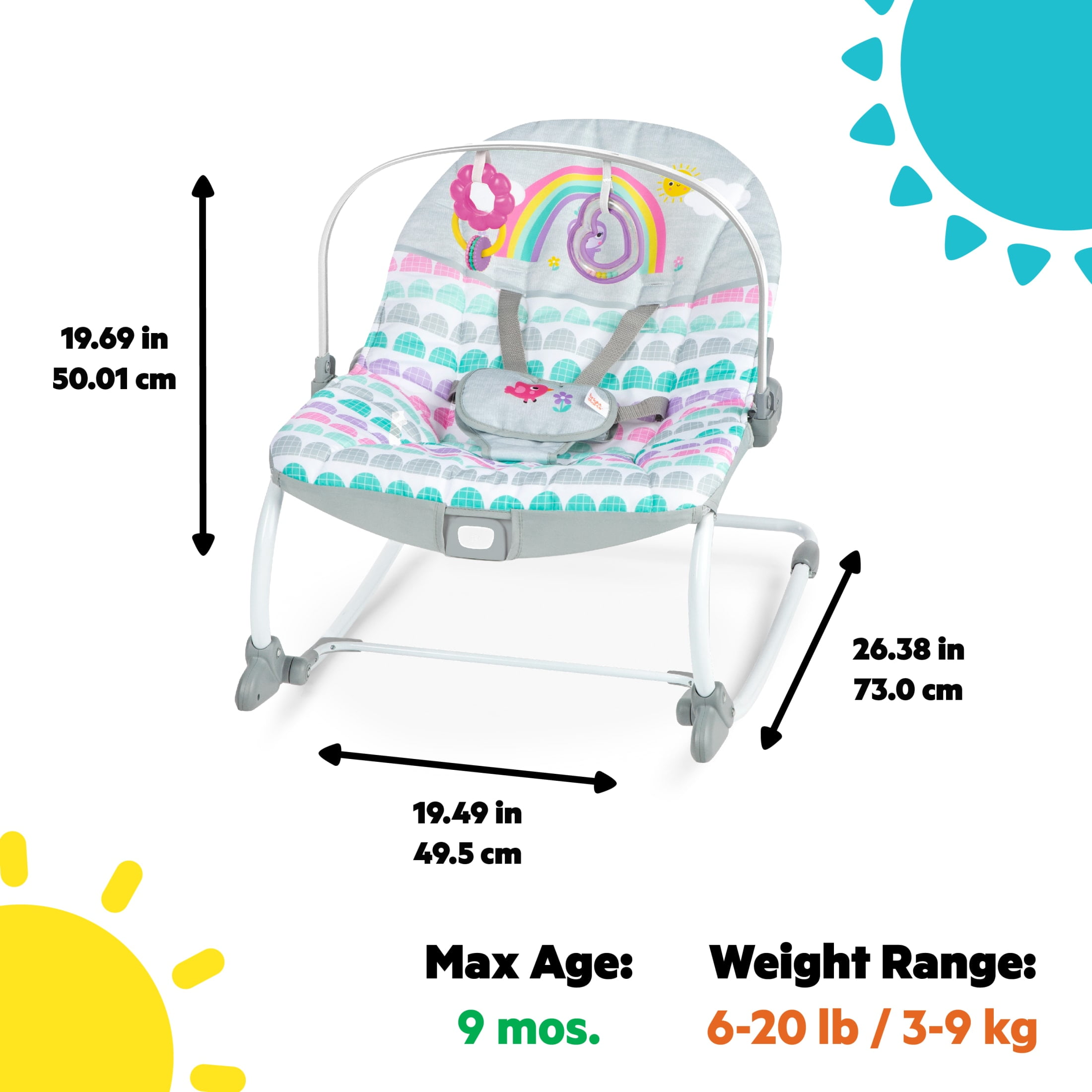 Bright Starts Rosy Rainbow Infant to Toddler Baby Rocker with Vibrations Newborn Unisex