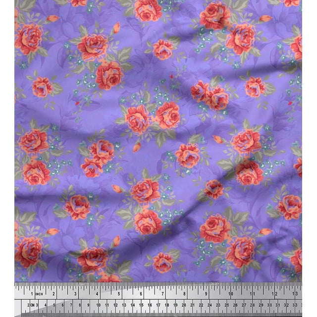 Soimoi Tissu Poly Georgette Feuilles & Roses Décor Floral Tissu Imprimé au Mètre 42 Pouces de Large
