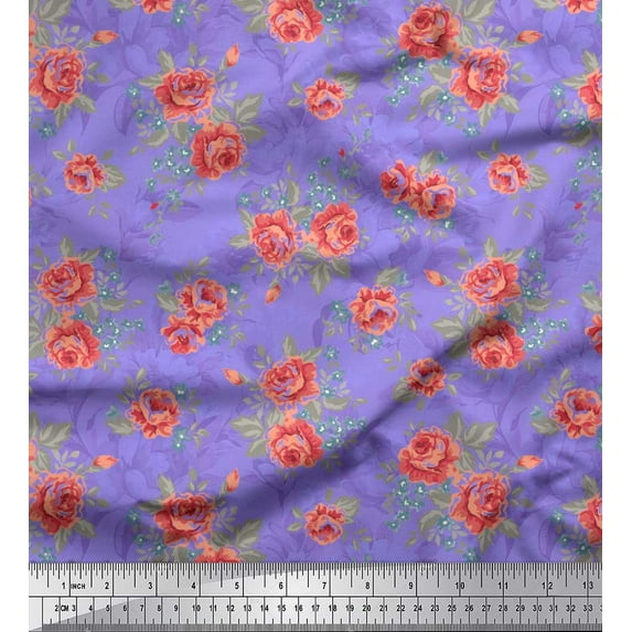 Soimoi Georgette Viscose Fabric Leaves & Rose Floral Printed Fabric 1 Yard 42 Inch Wide