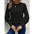 thumbnail image 5 of Women'S Solid Color Long Sleeve Embroidered Lace Stitching Waffle Round Neck Top Black XL, 5 of 9