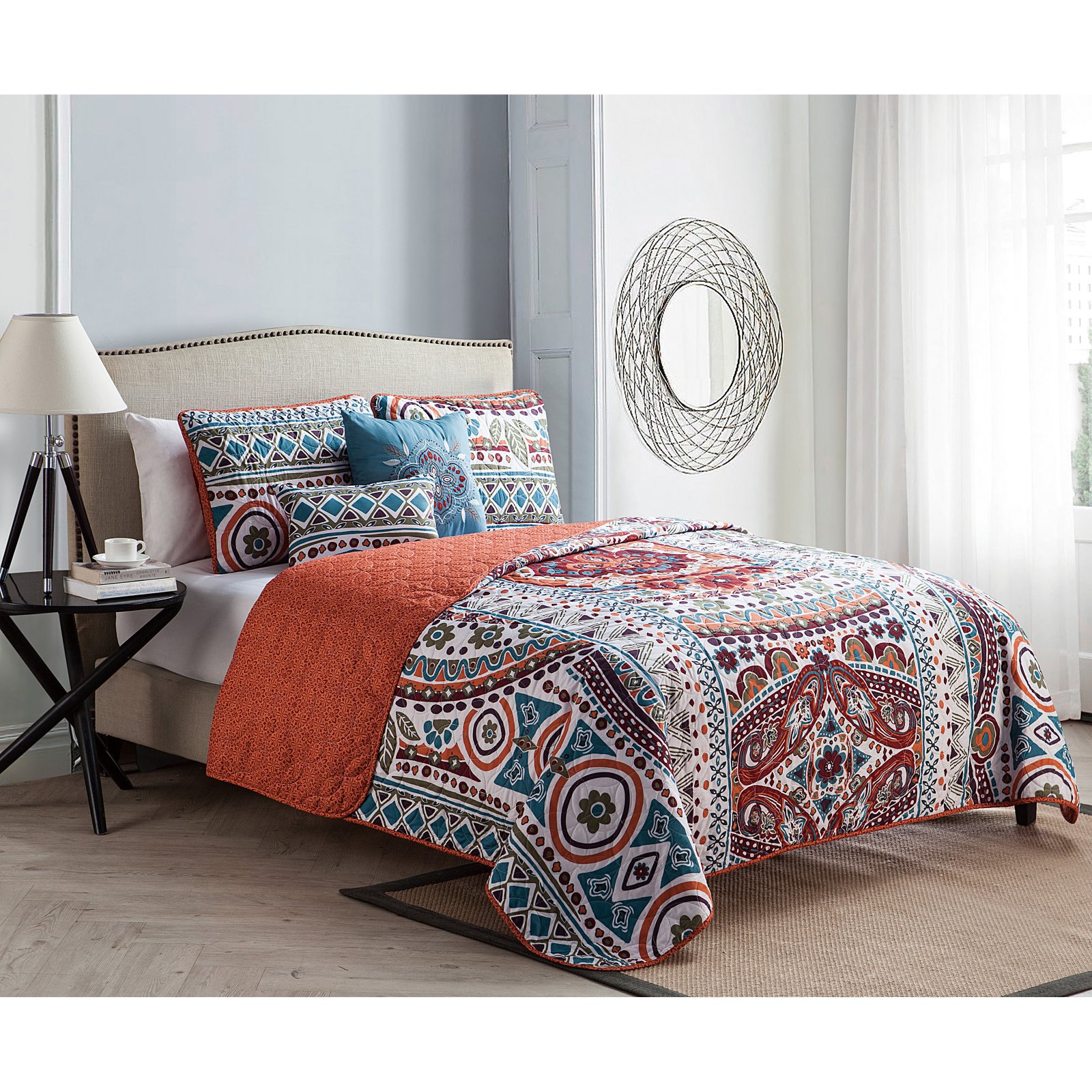 King Natasha Reversible Medallion Quilt Set Blue/White/Orange - VCNY Home