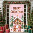 thumbnail image 6 of Pink Theme Christmas Banner Gingerbread House Design Holiday Backdrop Snowflake Accent Candy Cane Xmas Display for Christmas Party Indoor Decoration Family Reunion, 6 of 9