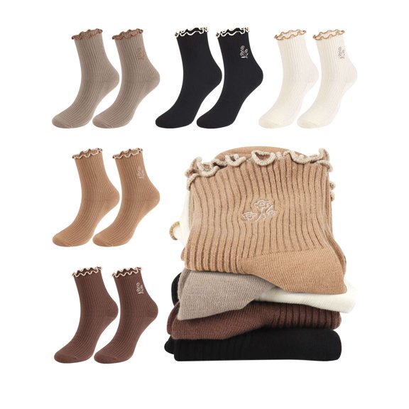 PULLIMORE 5Pcs Women's Cotton Crew Socks - Elegant Ruffled Cuff & Floral Embroidery (5 Colors)