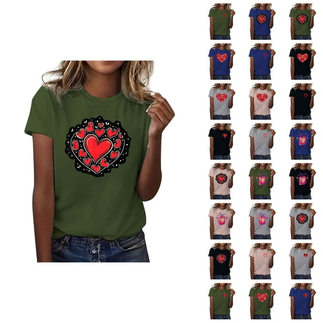 T-shirts de la Saint-Valentin pour Femmes 2026 Mode Manches Courtes Col Rond Cœur Graphique
