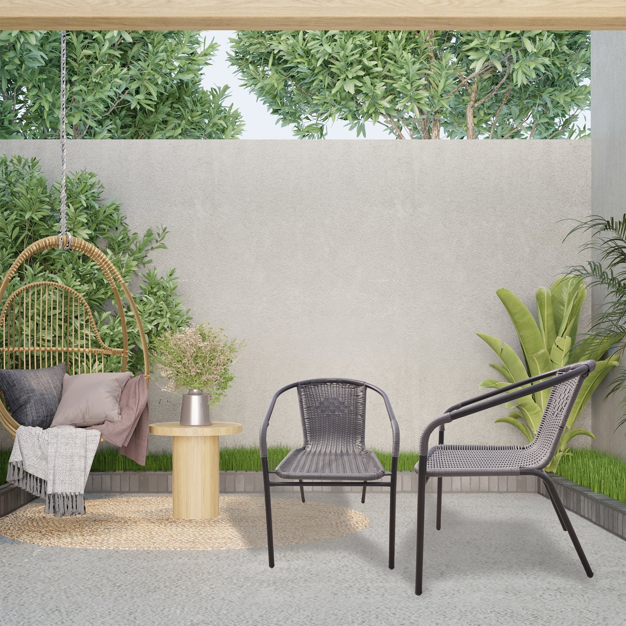RTC Group Furniture Stackable Rattan Dining Chair, Set of 2 for Indoor/Outdoor Patio Restaurant, Porch, Backyard Gray