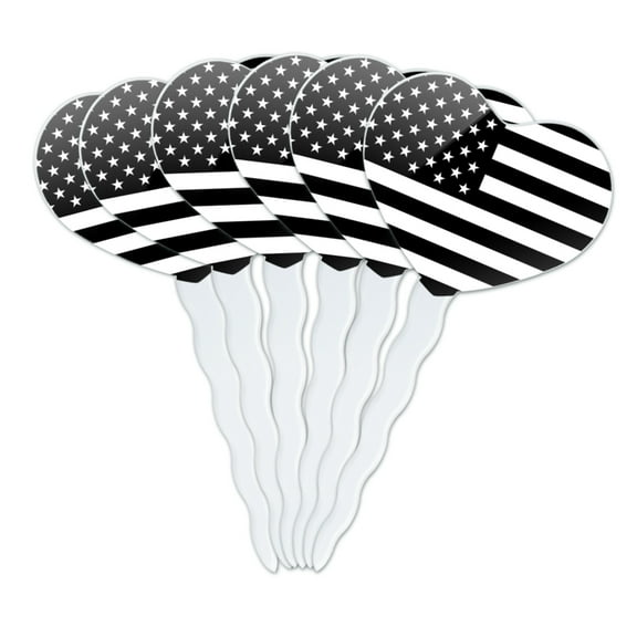 Subdued American USA Flag Black White Military Tactical Heart Love Cupcake Picks Toppers Decoration Set of 6
