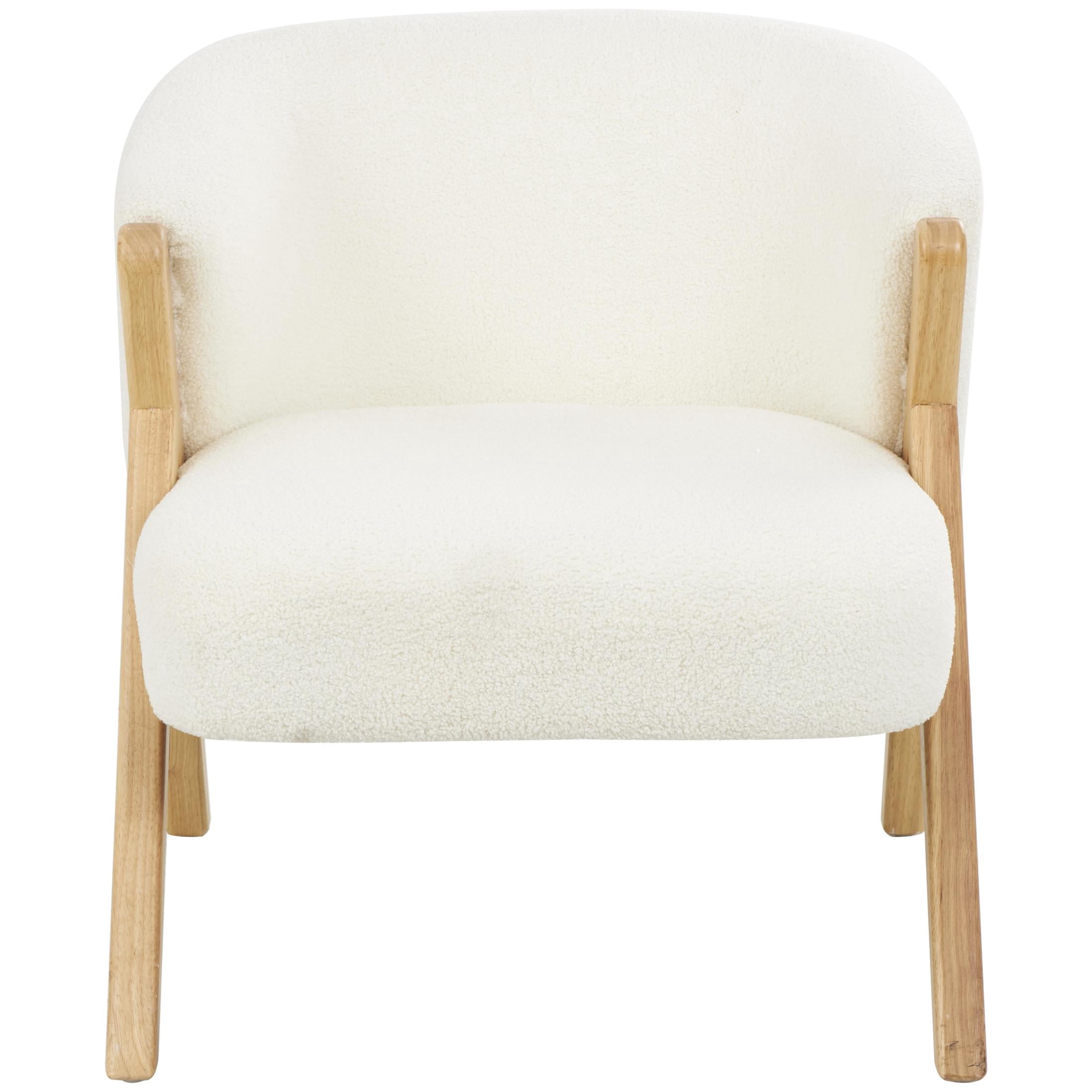 DecMode Polyester Rounded Boucle Lounge Chair with Angled Wooden Legs, White