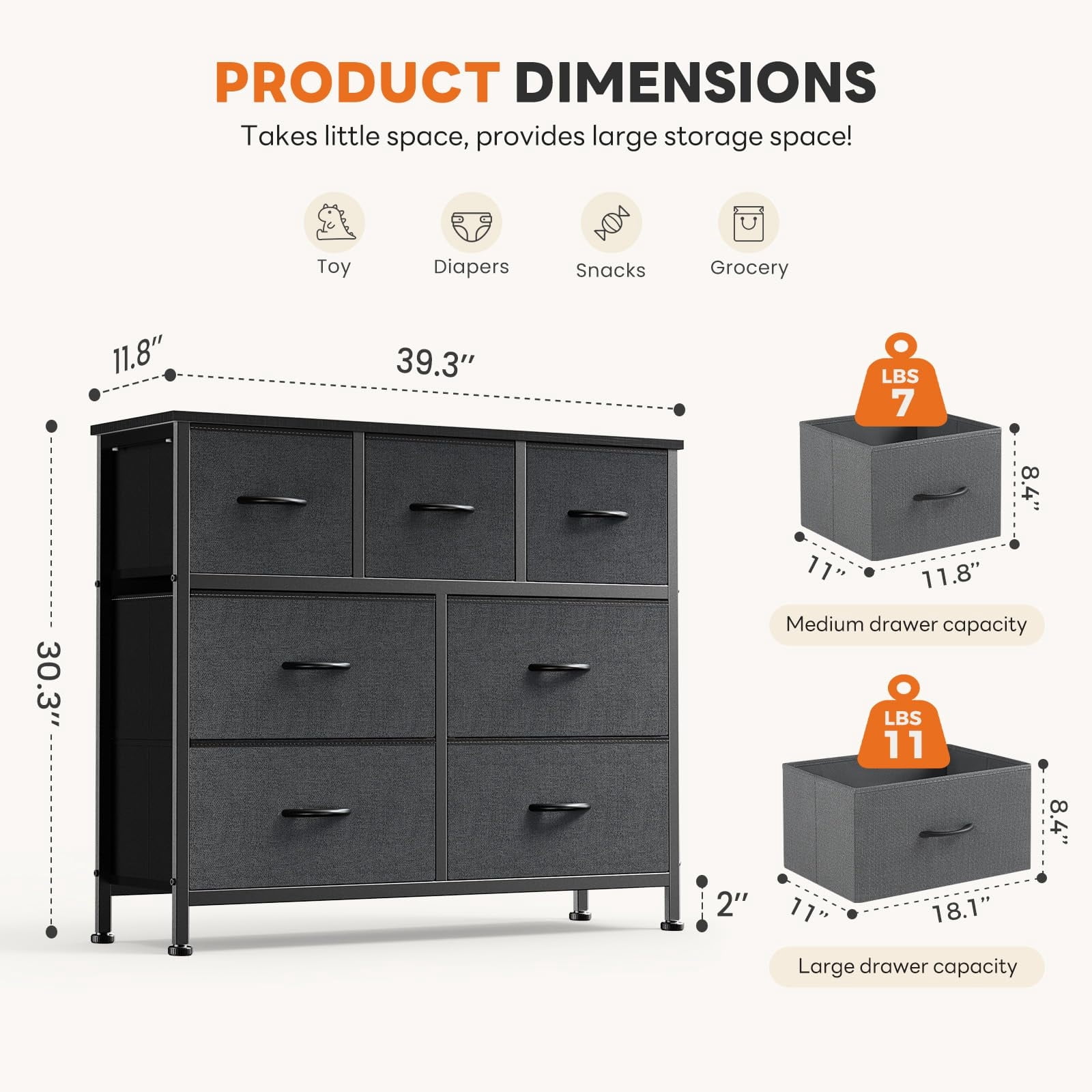 Telyra 7-Drawer Fabric Dresser TV Stand Organizer with Wood Top and Metal Frame Wide Storage Chest, Gray