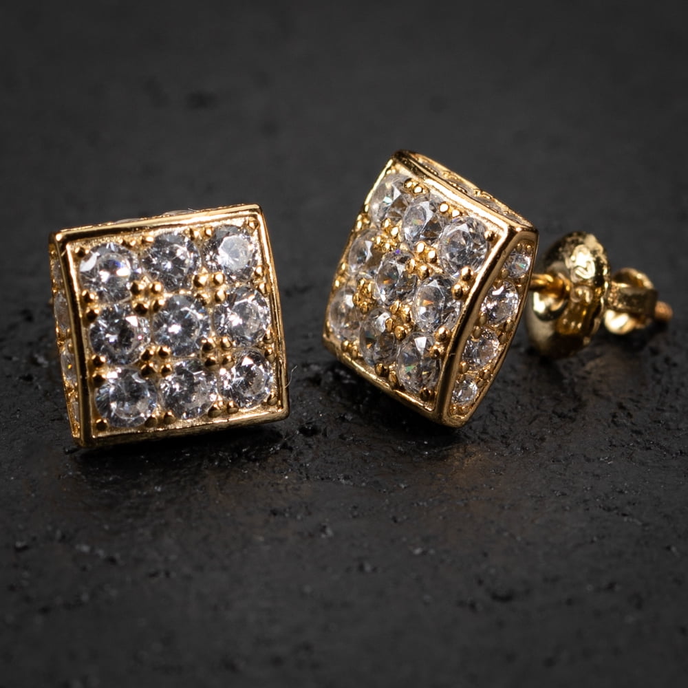 Men's Square Pointer Hip Hop Gold Plated 925 Sterling Silver Iced Screw Back Earrings