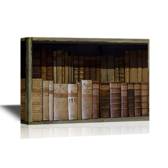 wall26 - Canvas Wall Art - Artwork with Bookshelf and Vintage Books - Gallery Wrap Modern Home Art | Ready to Hang - 12x18 inches