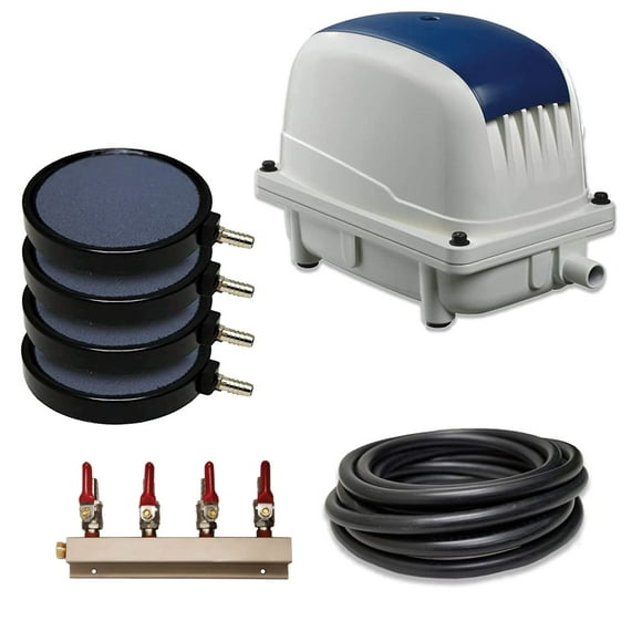 Half Off Ponds Pond Subsurface Aeration System with 5.3 Cubic Feet per Minute Air Pump, 50' Weighted Tubing, (4) 8" Diffusers, 4-Way Brass Manifold, and T-Fittings - PAK-140K
