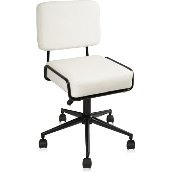 Leather Office Desk Chair, Adjustable Height Mid Back Makeup Vanity Chair with Wheels, Armless 360° Swivel Rolling Ergonomic Computer Task Chairs for Home Office, Bedroom, Work, White, 350LBS