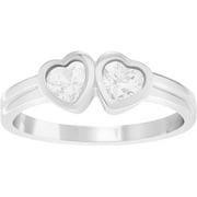 Girl's CZ Sterling Silver Double-Heart Fashion Ring, Silver