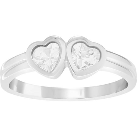 Girl's CZ Sterling Silver Double-Heart Fashion Ring, Silver