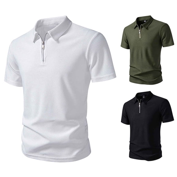 FRSASU Men's Zipper Polo Shirts Short Sleeve Textured Knit Polo Shirts Regular Fit Casual Stretchy Golf Shirts White