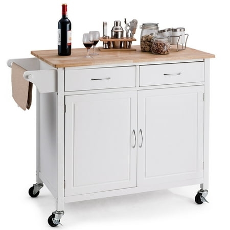 New Wood Store Costway Modern Rolling Kitchen Cart Island Wood Top Storage Trolley Cabinet Utility New ()