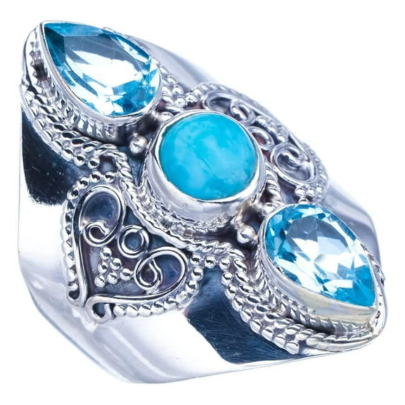 StarGems® Natural Larimar Blue Topaz Handmade 925 Sterling Silver Ring 7.75 F2799