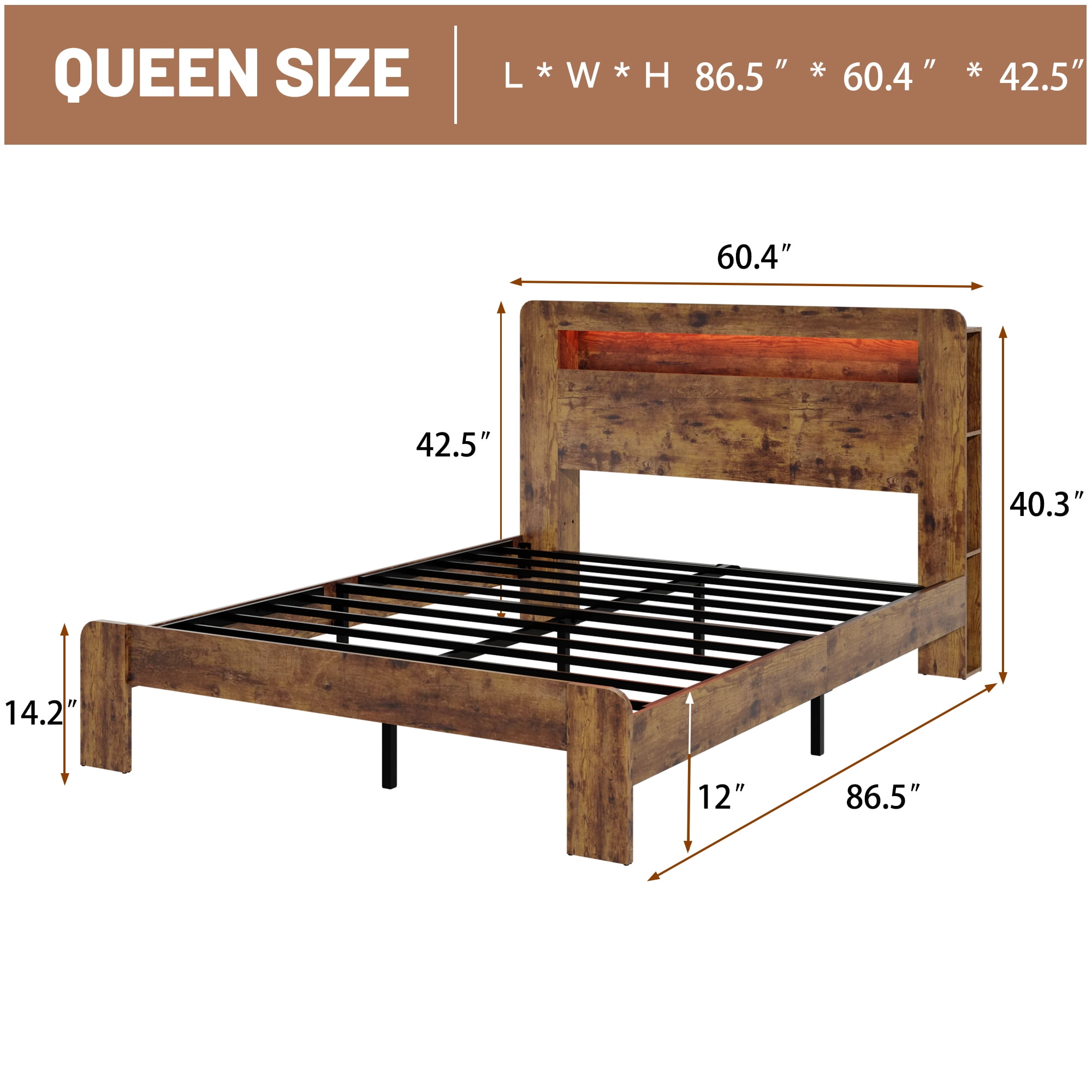 Gewnee Queen Size Platform Bed Frame with Storage Headboard, Charging Station, Wood Slats, No Box Spring Needed, Bedroom, Dark Brown