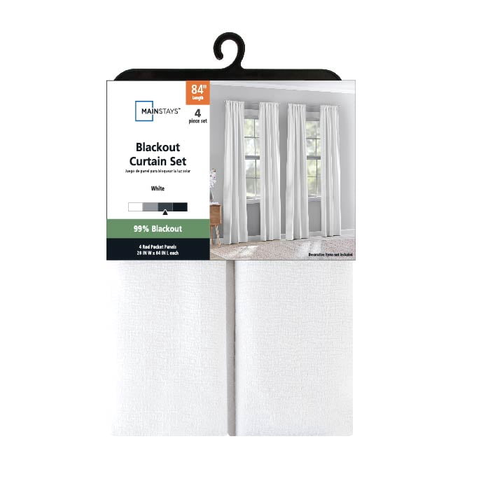 Mainstays 4 of a Kind Blackout Curtain Panels, Set of 4, White, 28" W x 84" L