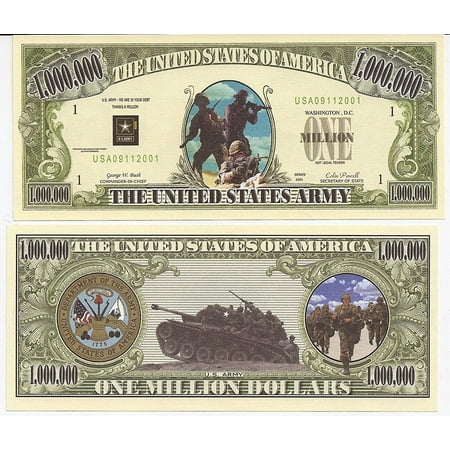 100 US Army Commemorative Million Dollar Bills with Bonus “Thanks a Million” Gift Card