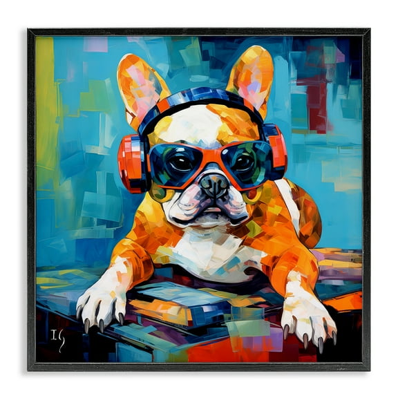 Stupell Industries French Bulldog with Headphones Animals & Insects Painting Black Framed Art Print Wall Art, 12 x 12