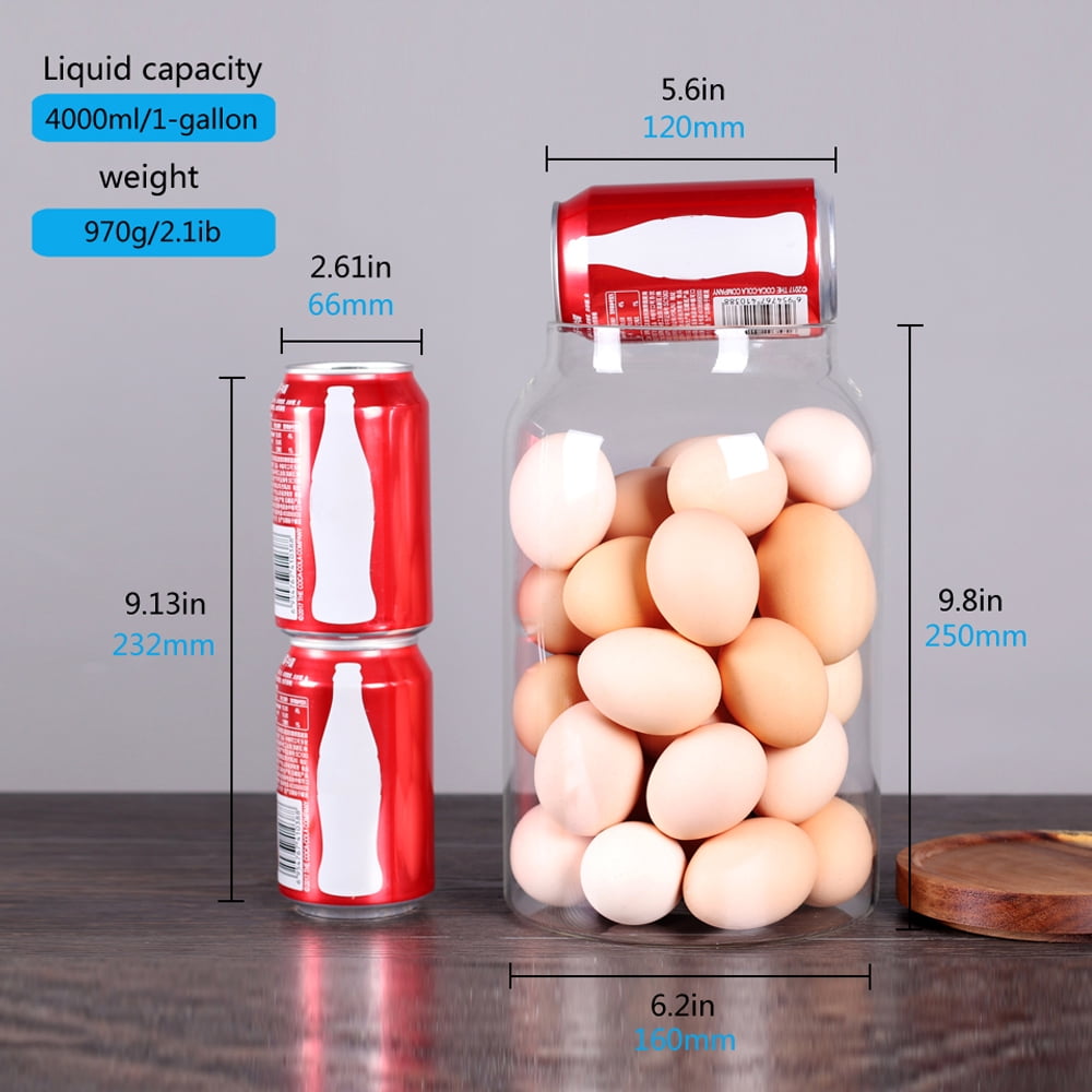 Egg Jars Kitchen  Canister 1 Gallon Clear Large Glass Food Storage Jar with Wooden Airtight Lid  for Spaghetti Pasta, Powder, flour, Tea, Coffee cereals