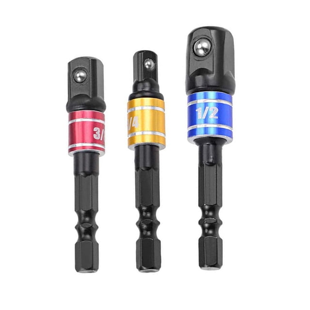 3PCS Impact Grade Socket Adapter / Extension Set Turns Power Drill Into High Speed Nut Driver, 1/4-Inch Hex Shank to Drive for Adapters to Use with Drill Chucks, Sizes 1/4'' 3/8'' 1/2''